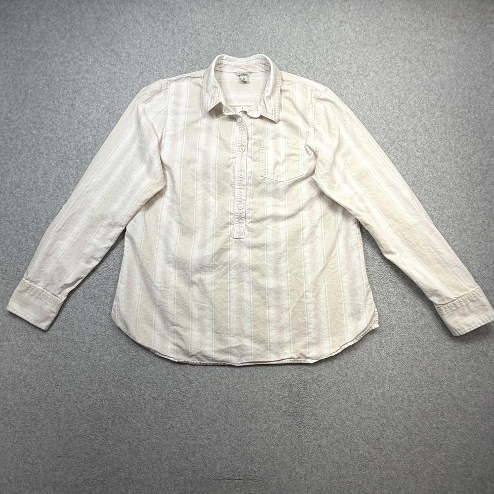 LL Bean Popover Shirt Women Medium White Pink Stripe Long Sleeve Cotton